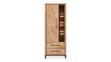 Wandkast Calisa van Profijt Meubel in mango decor met één deur, twee laden, vier open vakken en ingebouwde verlichting