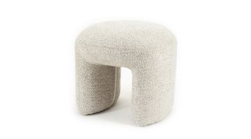Ronde poef met opening, bekleed met een lichtbeige polyester boucléstof.