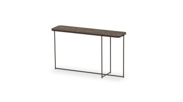 Bijzettafel Piazza met asymmetrisch ontwerp, donker blad en slank metalen frame, geschikt als bijzettafel of sidetable.