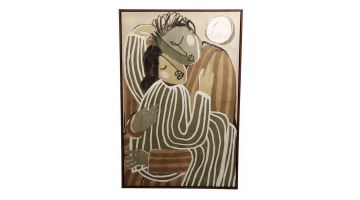Kersten wandpaneel van linnen met abstract stel in groen, beige en bruin.