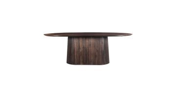 Eettafel Noria ovaal in walnootkleur met geribbelde middenpoot, zijaanzicht.