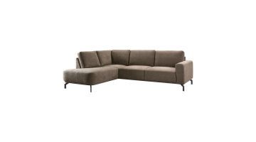 Pronto Wonen hoekbank Venetti links in stof Born Wenge met rond eiland en zwarte metalen poten.