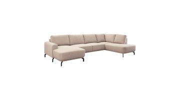 Pronto Wonen hoekbank Venetti in stof Born Liver met longchair links en rond eiland rechts.