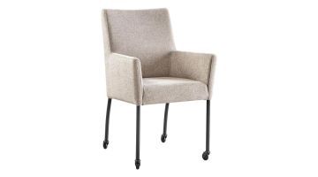 Pronto Wonen armstoel Cenare Grey met wielen in grijze stof en zwarte metalen poten, vooraanzicht.
