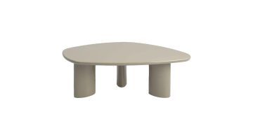 COCOmaison salontafel Jonne Olijfgroen met organisch blad en drie cilindervormige poten, vooraanzicht.
