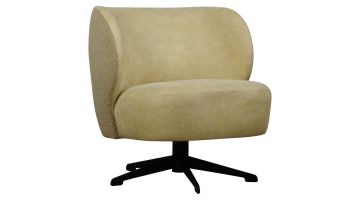 Draaifauteuil Wilder met beige bekleding, contrasterende rug en zwarte draaivoet.