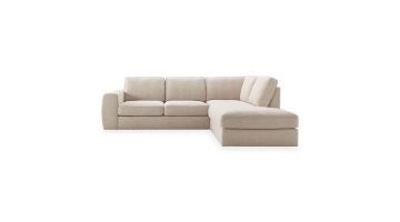 Hoekbank Azara in beige met royale zitkussens, zachte rugkussens en chaise longue aan de rechterzijde