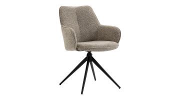 Vooraanzicht van taupekleurige armstoel Sawa van Profijt Meubel met verticale rugnaad en slank zwart vierpootsonderstel