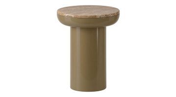 COCOmaison Maurits beige bijzettafel met rond marmerlook blad en hoogglans onderstel.