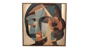 Kersten wandpaneel met abstract gezicht in blauw, bruin, beige en roesttinten.