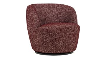 WOOOD Serra draaifauteuil in bordeauxrode melangestof met ronde vormen en zwarte draaivoet.