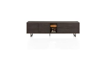 Henders & Hazel Lowboard Mogan 220 cm met donkere houtlook, deuren, laden en LED-verlichting.
