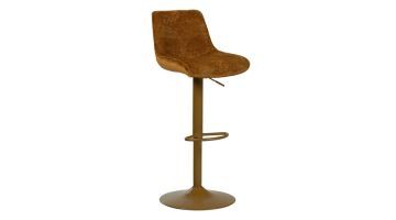Karamelbruine WOOOD Marten barstoel met chenille zitting en metalen onderstel.