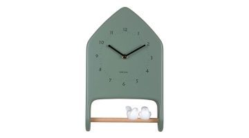 Groene Karlsson Love Birds wandklok met zwarte cijfers, wijzers en twee witte vogeltjes.