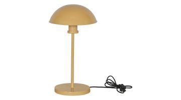 Miles tafellamp van metaal in de kleur mustard met bolvormige kap en zwart snoer, hoogte 42 cm en industriële uitstraling.