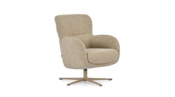 Schuin vooraanzicht van Montèl Levi draaifauteuil in licht gemêleerde bouclé-stof met ronde vormen en comfortabele zitting.