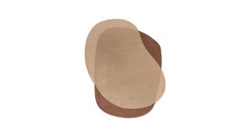 Vloerkleed Element Moore Caramel met organische vormen en gelaagd patroon in verschillende bruintinten, gefotografeerd van bovenaf op een witte achtergrond.