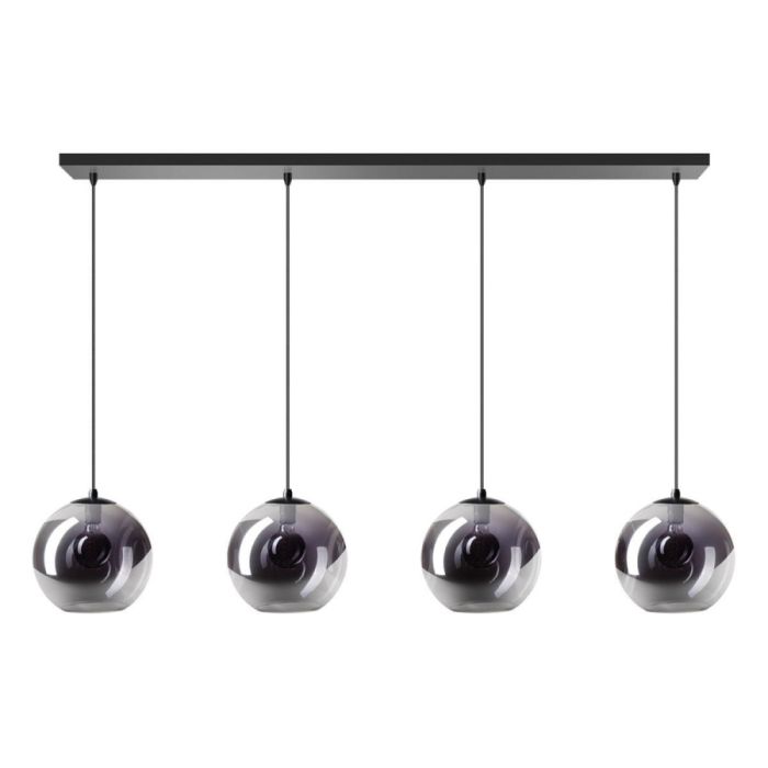 Hanglamp Borro met vier smoke glazen bollen aan zwart metalen plafondbalk