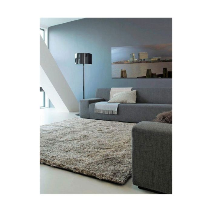 Een woonkamer met een grijs CSrugs Sauvage vloerkleed, gecombineerd met een grijze bank, wandlamp en modern wandpaneel in een lichte ruimte.