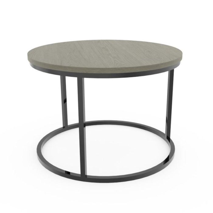 Ronde Steel bijzettafel met grijs eiken blad en dicht zwart stalen onderstel.