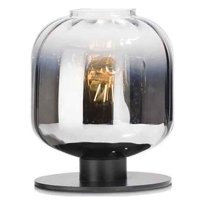 COCOmaison Tafellamp Essex met smoke-kleurig glas en zwarte metalen voet, frontaal gefotografeerd op een lichte achtergrond.