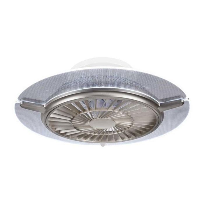 Grijze plafondventilator met geïntegreerde LED-verlichting en compact rond ontwerp.
