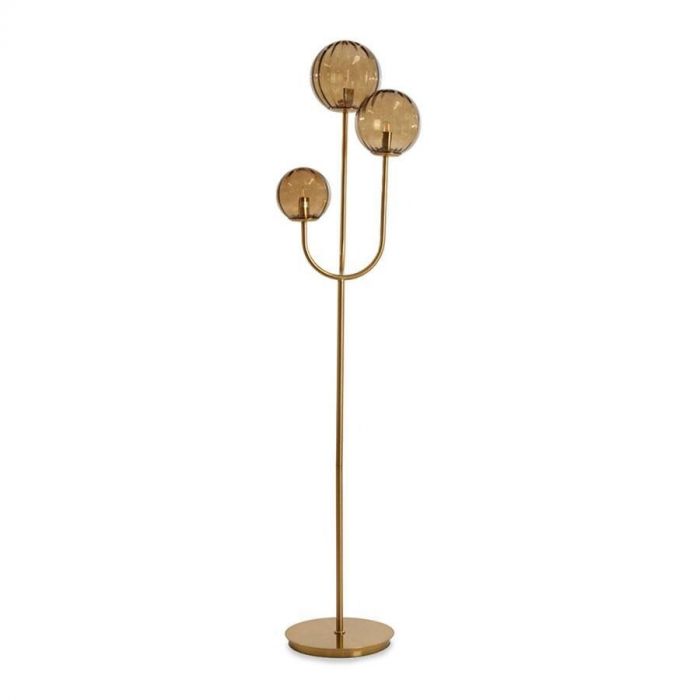 Stijlvolle vloerlamp Magdala van Light & Living met drie glazen bollen in bruin tinten en een gouden metalen voet.