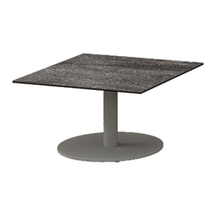 Salontafel Sol met vierkante keramische blad en centrale kolompoot in grijze afwerking.