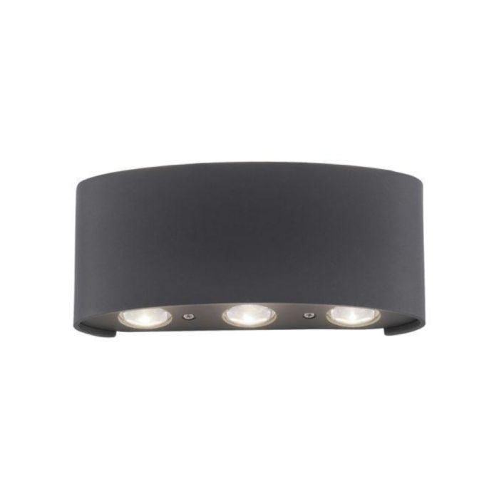 Vooraanzicht van wandlamp Carlo antraciet 6L met drie zichtbare ledlampen aan de onderzijde