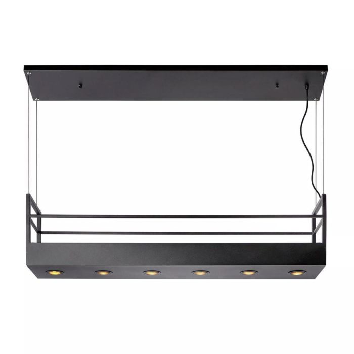 Zwarte metalen hanglamp met geïntegreerd rek en zes spots, strak en rechthoekig ontwerp tegen witte achtergrond