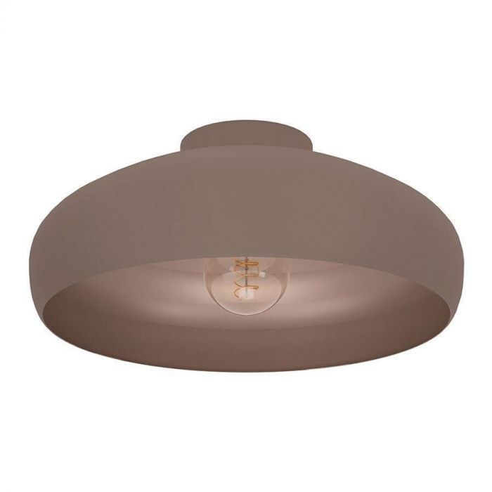 Plafondlamp Eglo Mogano in mokkakleurig staal met ronde vorm, zichtbaar E27-fitting en open onderzijde.