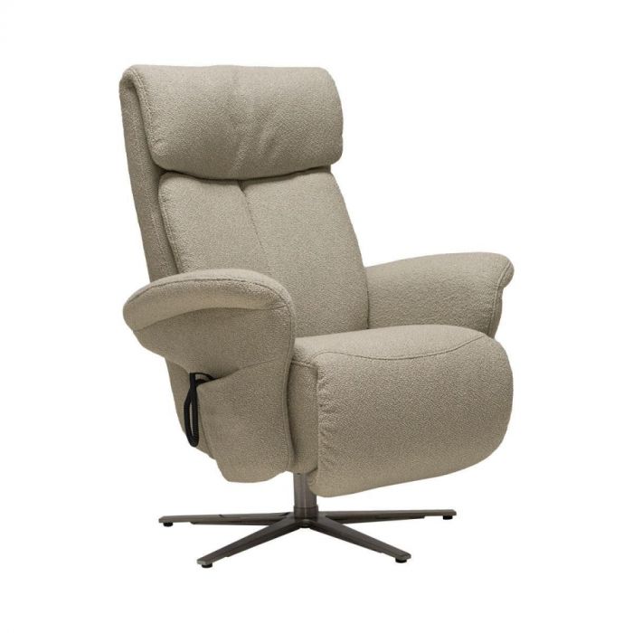 Himolla Easyswing relaxfauteuil in beige stof met verstelbare rugleuning en voetensteun, zijaanzicht.