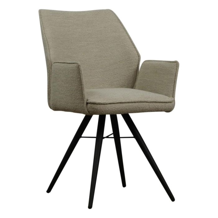 Eetkamerstoel Wingfield in beige bouclé stof met zwarte metalen poten, vooraanzicht tegen witte achtergrond