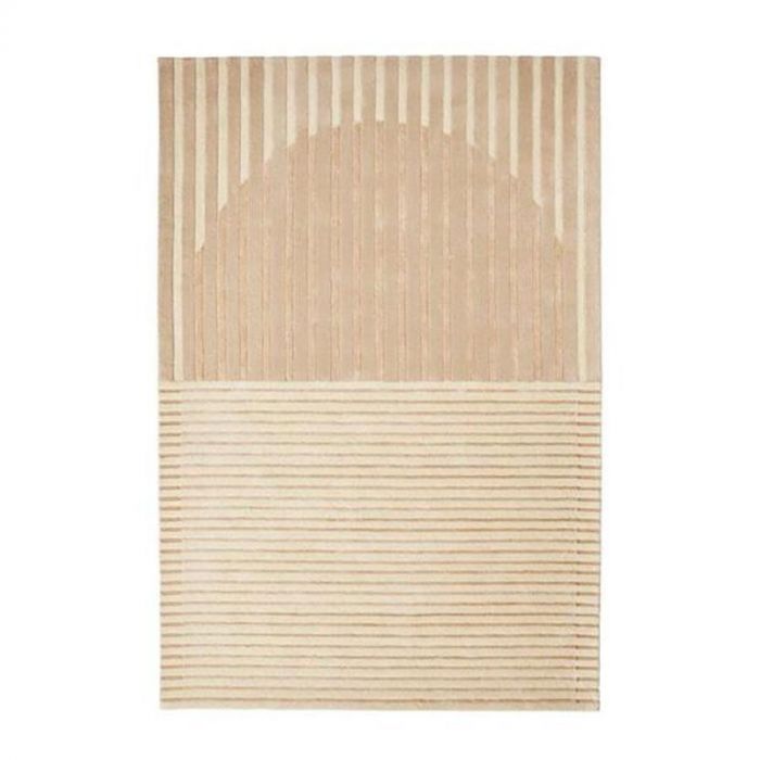 Beige vloerkleed Fano van Brinker, 170x230 cm, met een grafisch patroon van verticale en horizontale strepen in neutrale tinten.