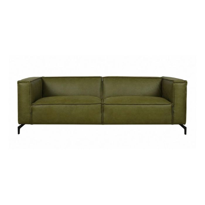 Vooraanzicht van zitbank Wilkes met brede armleuningen en olijfgroene bekleding.