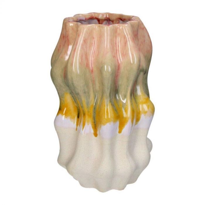 Kersten Vaas Stoneware Multi met een golvend design, geglazuurde afwerking en een kleurverloop in beige, groen, geel en roze tegen een witte achtergrond.