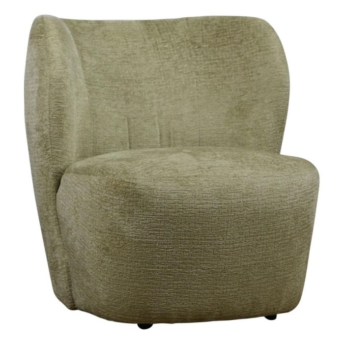 Fauteuil Welsh met ronde zitting en hoge gebogen rugleuning in lichtgroene chenille stof.