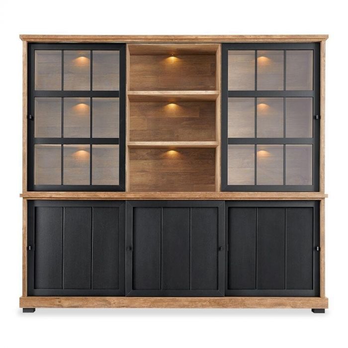 Wandkast Ladonia met vijf schuifdeuren, verlichting en zwarte details, gesloten weergave.