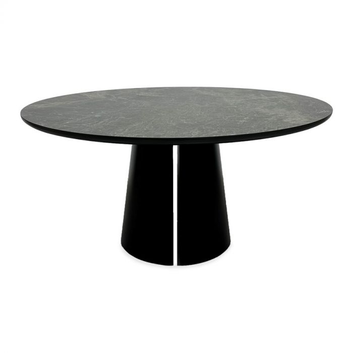 Eetkamertafel Split van Metaform in de ronde, zwarte uitvoering op een witte achtergrond