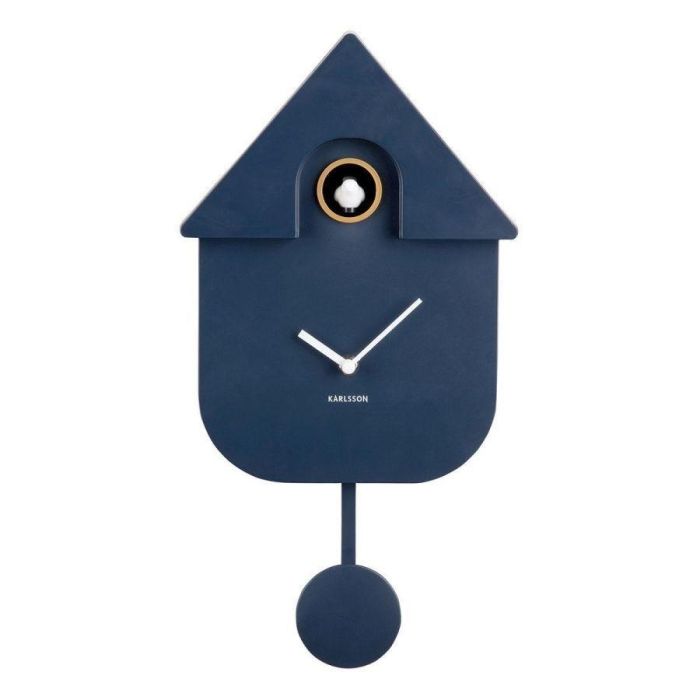 Donkerblauwe Karlsson Modern Cuckoo wandklok met wit vogeltje, minimalistisch design en ronde slinger.