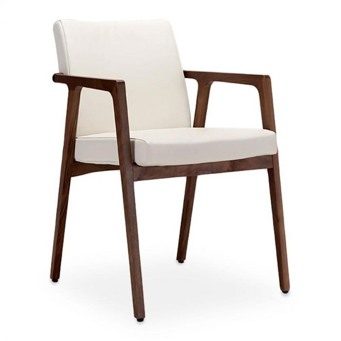 Harvink Splinter eetkamerstoel in witte bekleding met houten frame, vooraanzicht.