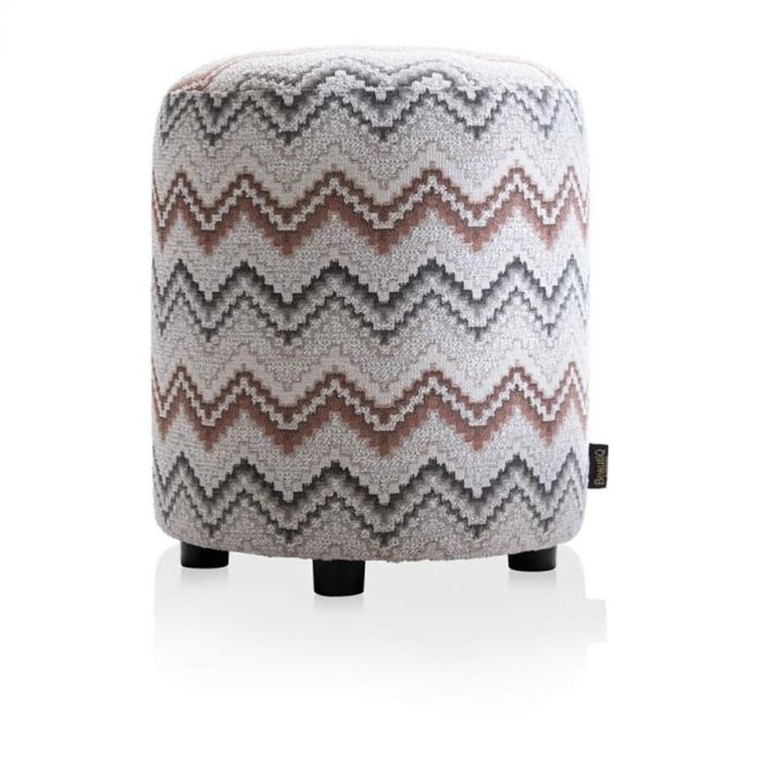  Ronde poef op zwarte pootjes met een kleurrijk zigzagpatroon in beige, grijs en roestbruin, van het merk BeautiQ.