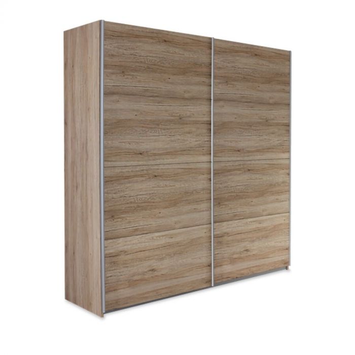 Vrijstaande zweefdeurkast met eikenhouten panelen.