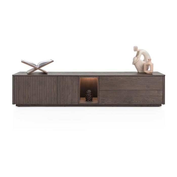 Trenton lowboard in clay van eikenfineer met 2 deuren, 2 laden en verlichte open niche