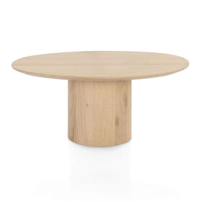 Salontafel Trenton in naturel eikenfineer met ronde vorm en centrale poot.