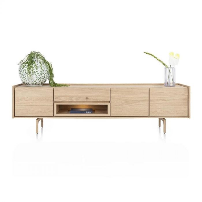 Lowboard Valgard van eikenfineer met ledverlichting, vooraanzicht