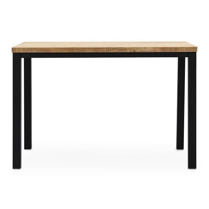 Rechthoekige bartafel met een natuurlijk houten tafelblad en zwart metalen poten, geschikt voor een moderne keuken of eetruimte.