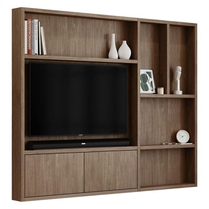 Flatbox Duo wandmeubel in houtdecor met open vakken, maatwerk tv-nis en twee kleppen onder de televisie.