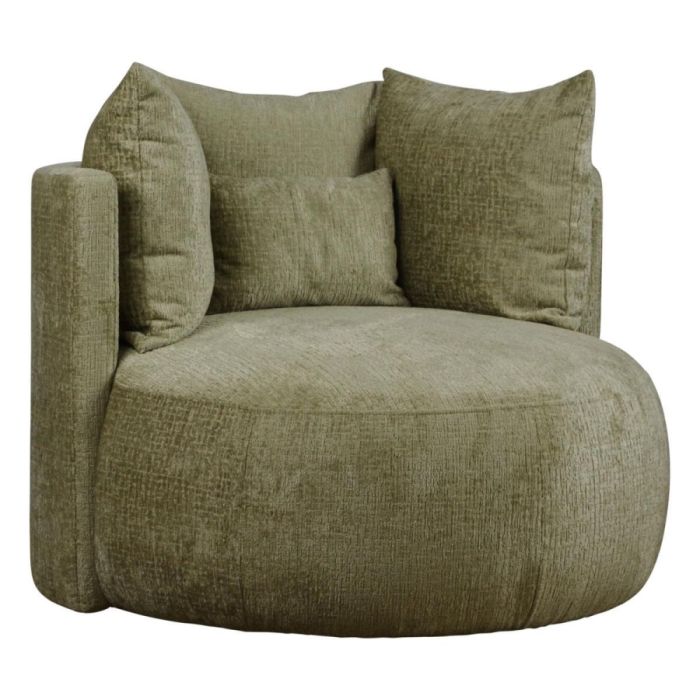 Fauteuil Weyland met ronde zitting en losse rugkussens in lichtgroene stof.