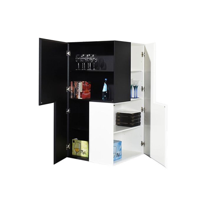 Castelijn Réflexion kast in zwart-wit uitvoering met open deuren, gevuld met glazen en boeken, toont de praktische indeling.